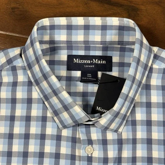 Mizzen + Main Men's Size XXL Blue Check Trim Fit Leeward Button Up Shirt L/S